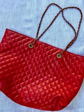 Vintage Classic Large Red Travel Quilted Walborg Big Bag w/ Double Chain Straps